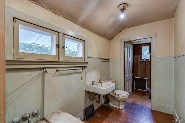 bathroom with a sink, toilet, vaulted ceiling, and wood finished floors