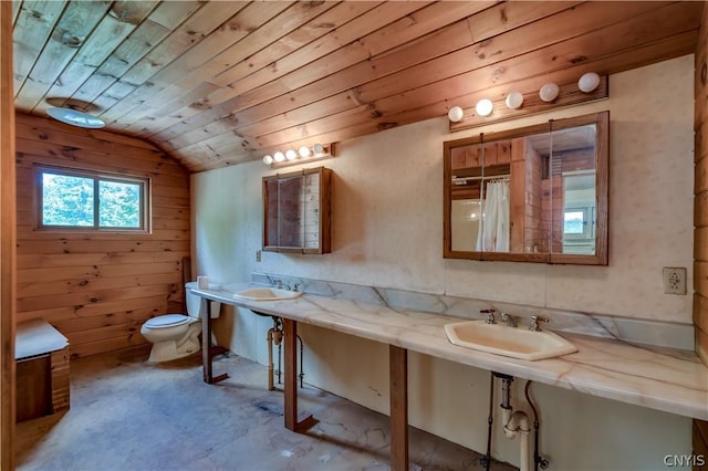 bathroom with toilet, wood ceiling, unfinished concrete flooring, and lofted ceiling