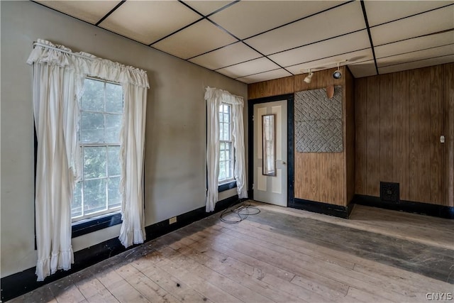 interior space featuring a healthy amount of sunlight, wooden walls, and hardwood / wood-style flooring