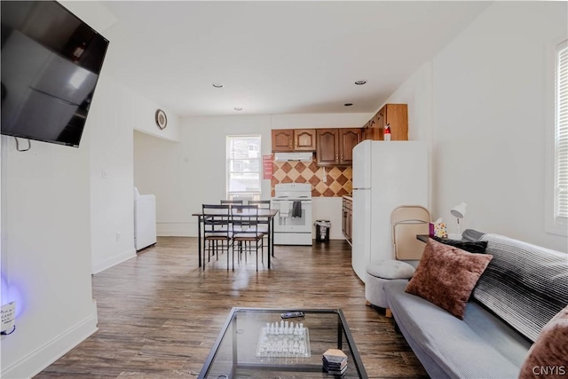 living room featuring dark wood-type flooring