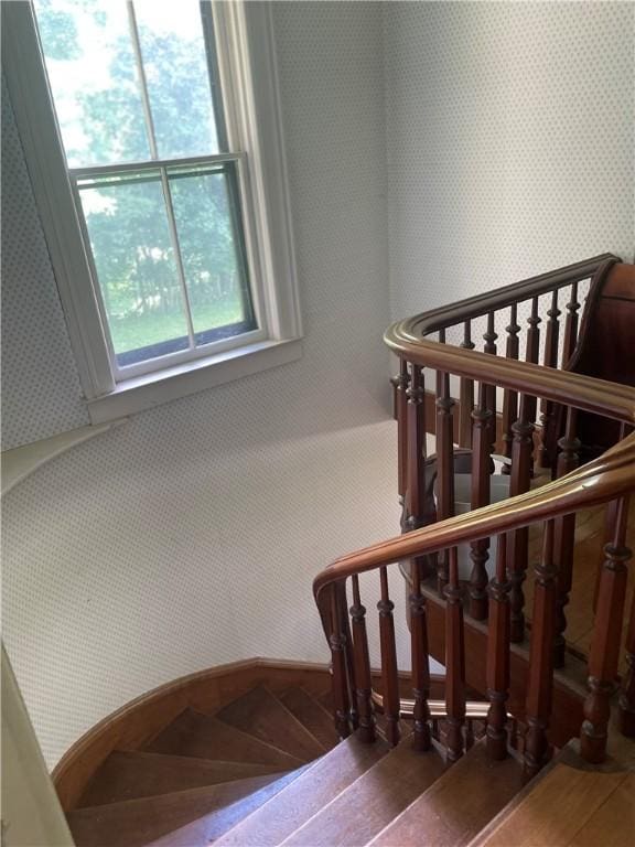 staircase with wood finished floors and wallpapered walls