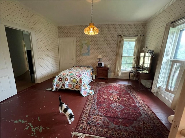 bedroom with wallpapered walls, baseboards, ornamental molding, and wood finished floors