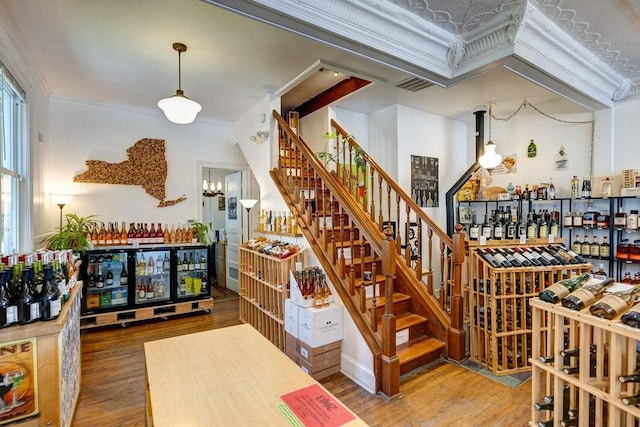 wine area with hardwood / wood-style flooring and ornamental molding