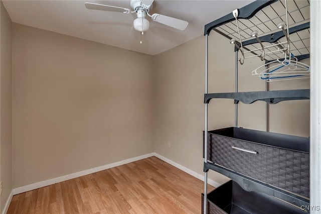 unfurnished bedroom featuring ceiling fan and wood-type flooring