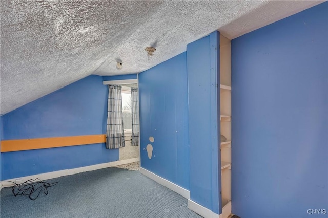 additional living space with lofted ceiling, a textured ceiling, and carpet flooring