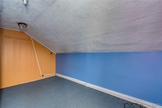 additional living space with carpet floors, a textured ceiling, and vaulted ceiling