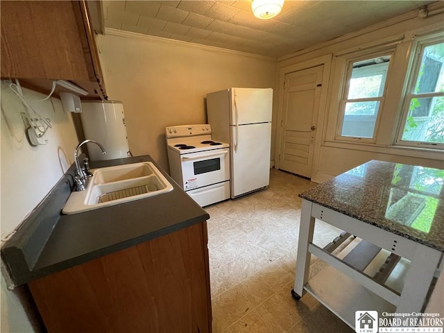 kitchen with ornamental molding, white appliances, sink, and water heater