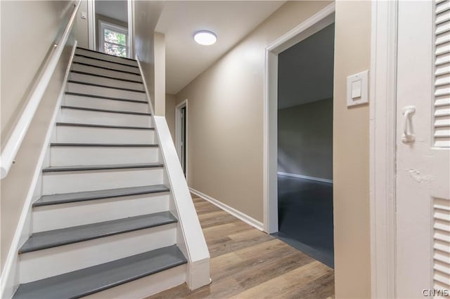 staircase with hardwood / wood-style flooring