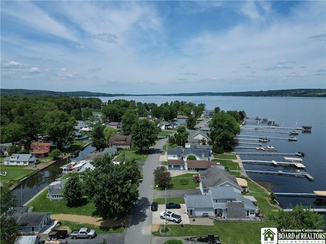 aerial view featuring a water view