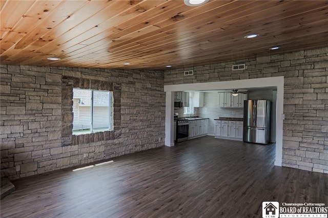 unfurnished living room featuring dark hardwood / wood-style floors, wooden ceiling, and sink