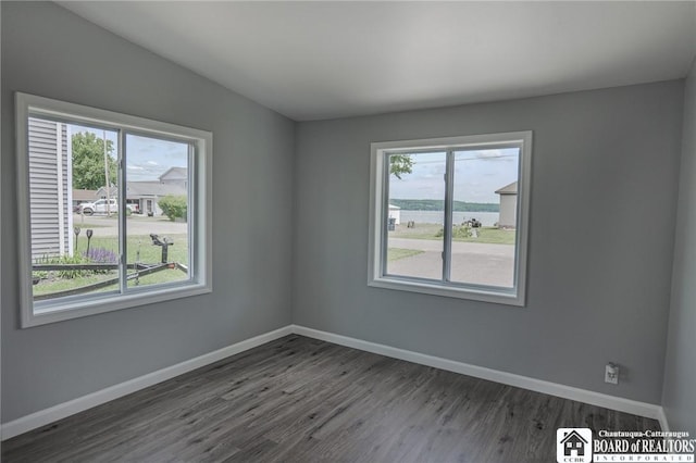 unfurnished room with plenty of natural light and dark wood-type flooring