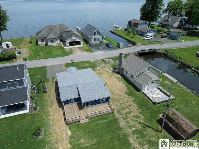 drone / aerial view featuring a water view