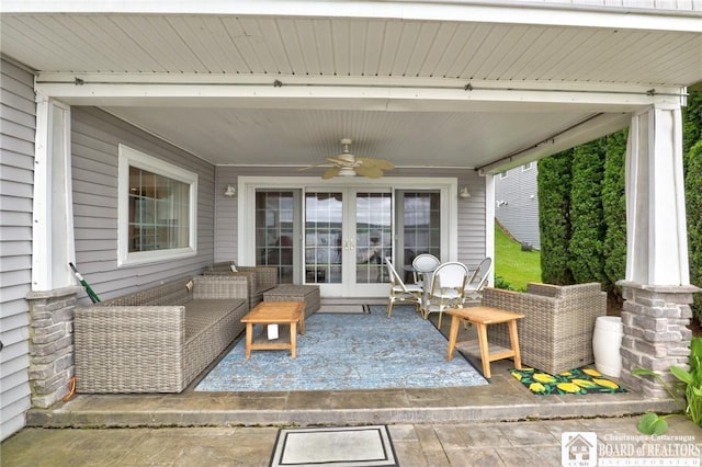 view of patio featuring outdoor lounge area, ceiling fan, and french doors