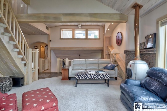 living room featuring carpet, beamed ceiling, wooden ceiling, and high vaulted ceiling