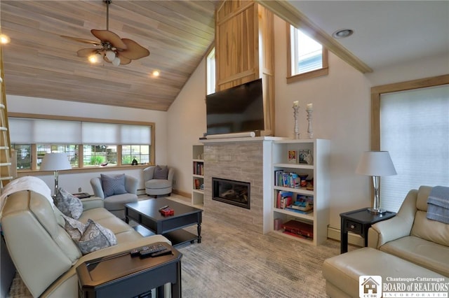 carpeted living room with ceiling fan, a fireplace, wooden ceiling, and lofted ceiling