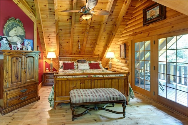 bedroom featuring lofted ceiling with beams, wooden ceiling, access to outside, light wood finished floors, and rustic walls