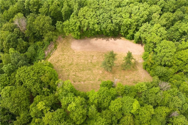 bird's eye view with a wooded view