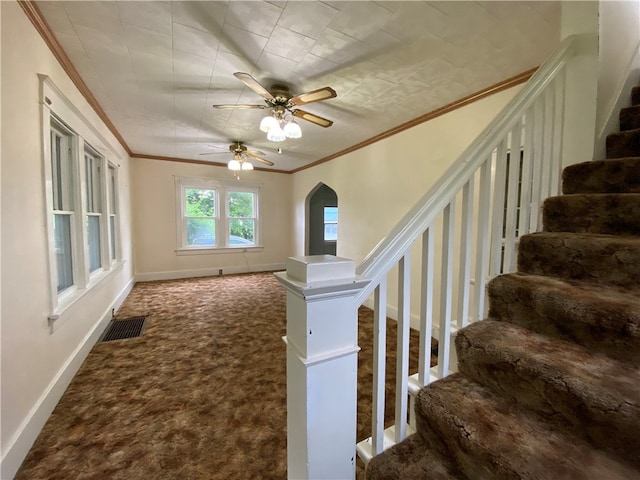 stairway featuring crown molding, carpet, and ceiling fan