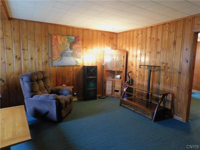 living area with wood walls and carpet