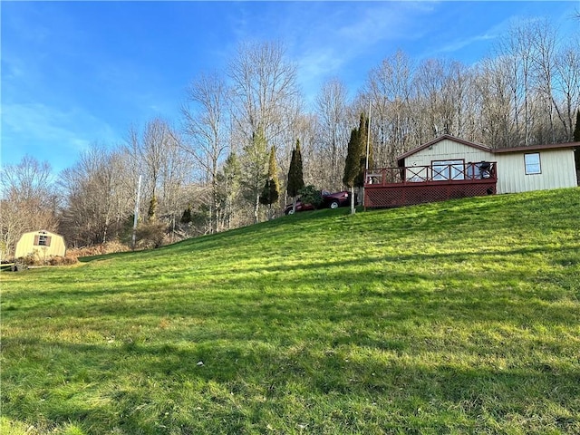 view of yard with a storage shed and a wooden deck