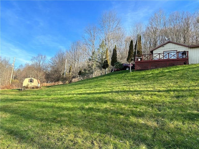 view of yard featuring a storage unit and a wooden deck