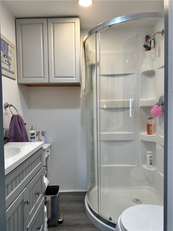 bathroom with vanity, hardwood / wood-style flooring, toilet, and an enclosed shower