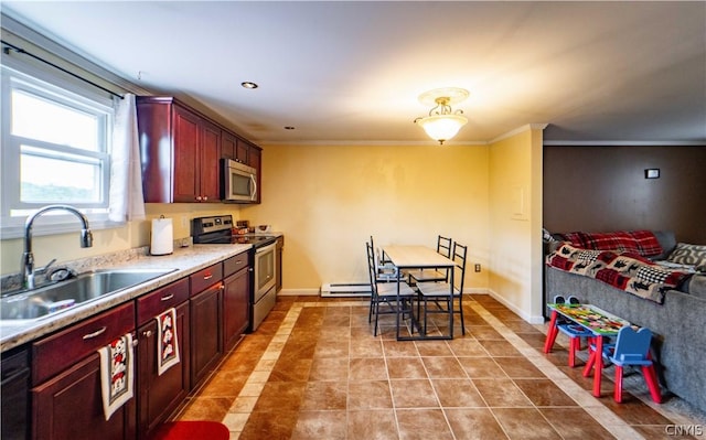 6338 State Route 167, Manheim, NY 13329 - kitchen with appliances with stainless steel finishes, crown molding, sink, light tile patterned floors, and a baseboard radiator