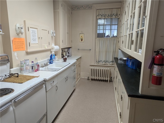 kitchen with sink, light colored carpet, radiator heating unit, and white cabinetry