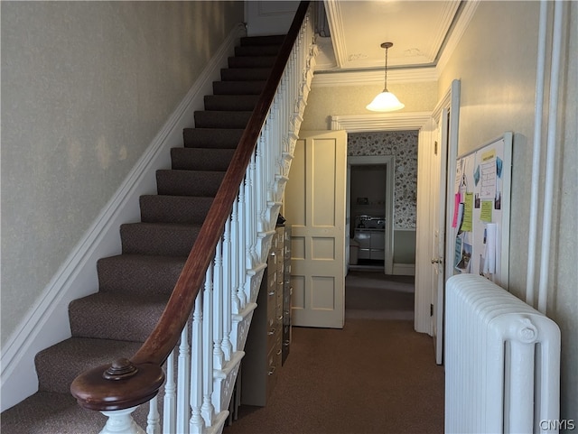 stairway featuring crown molding, radiator, and dark carpet