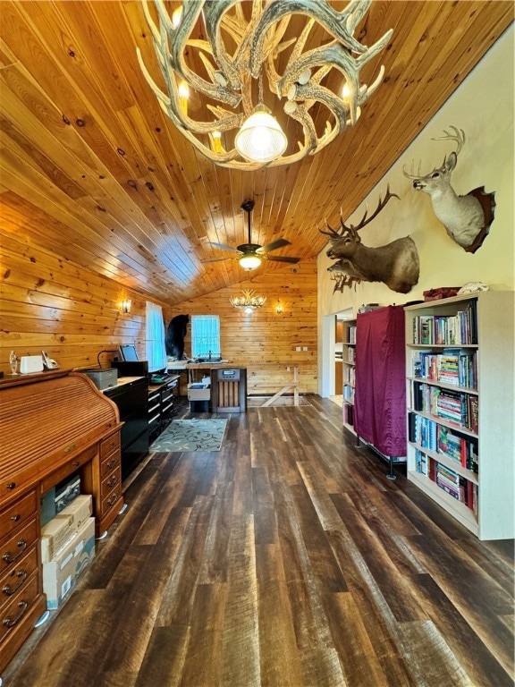 unfurnished office featuring ceiling fan, dark hardwood / wood-style flooring, wood walls, lofted ceiling, and wood ceiling