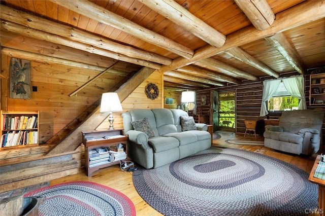 living room featuring hardwood / wood-style flooring, beam ceiling, wood ceiling, and wood walls