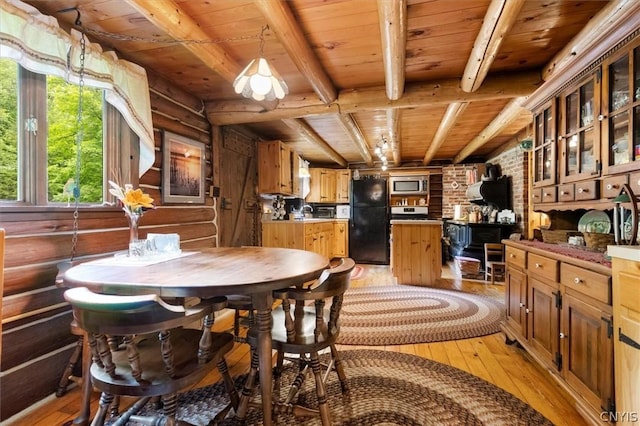 dining area featuring wood ceiling, log walls, light hardwood / wood-style flooring, and beamed ceiling