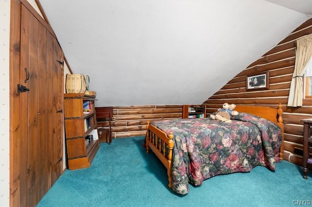 carpeted bedroom featuring lofted ceiling and log walls