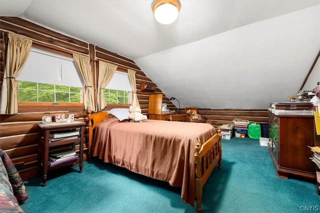 carpeted bedroom with vaulted ceiling