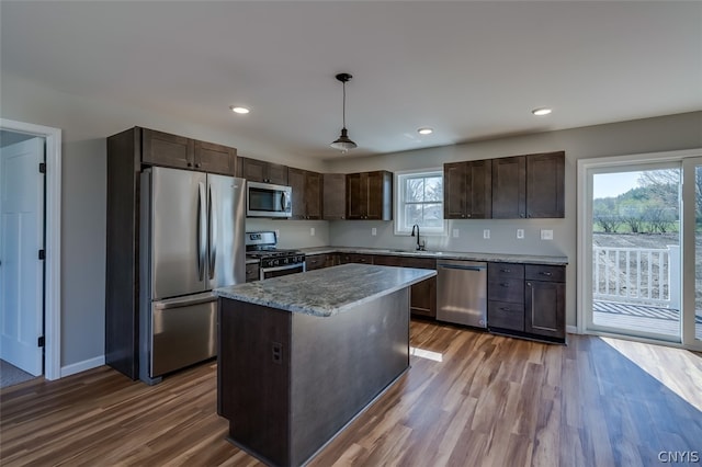 kitchen with decorative light fixtures, a wealth of natural light, hardwood / wood-style floors, and stainless steel appliances