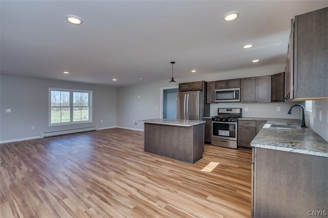 22218 Freedom Dr, Champion, NY 13619 - kitchen featuring a sink, baseboards, baseboard heating, a kitchen island, and appliances with stainless steel finishes
