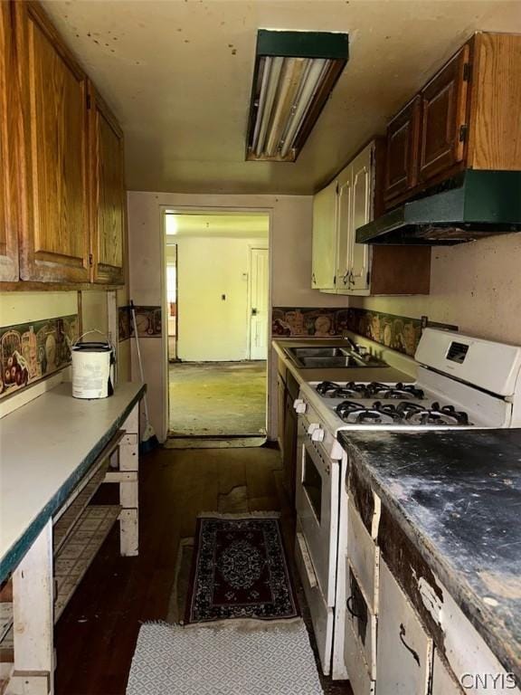 kitchen featuring dark wood-type flooring, white gas stove, and sink