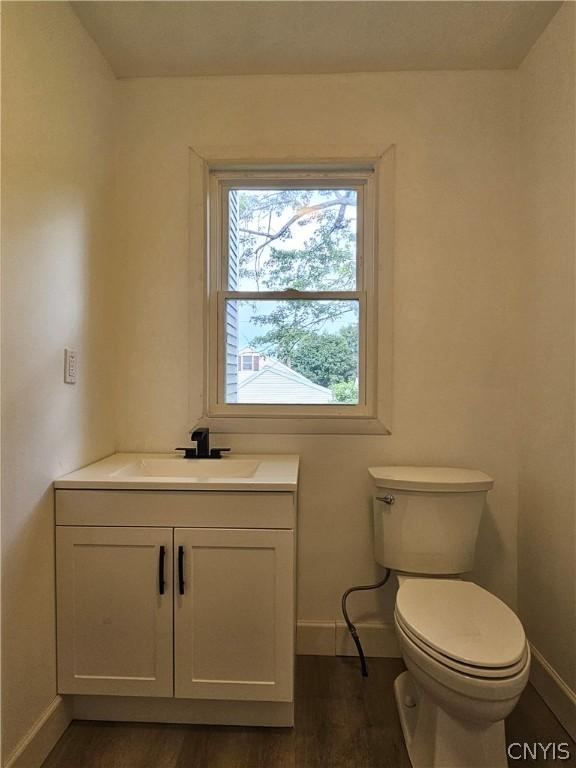 bathroom with vanity, toilet, and hardwood / wood-style floors