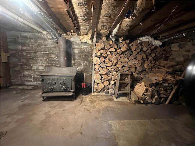 basement with a wood stove