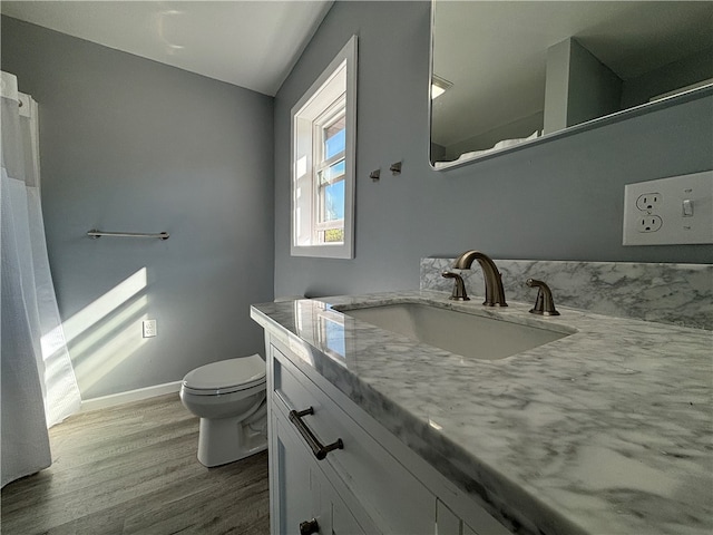 bathroom featuring wood-type flooring, vanity, and toilet