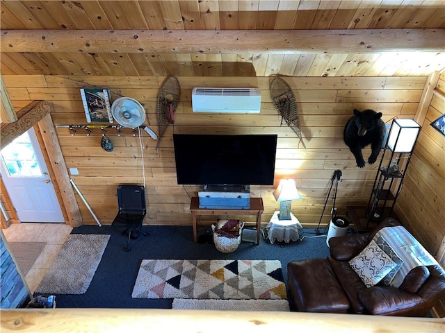 living room with beamed ceiling, a wall mounted AC, wooden ceiling, and wood walls