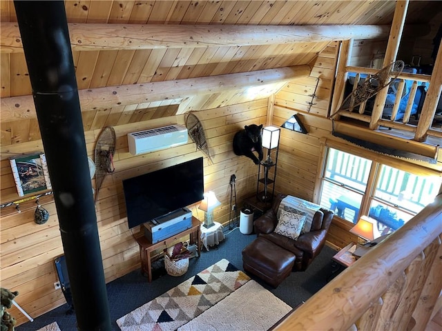 living room featuring beam ceiling, wood ceiling, and wooden walls