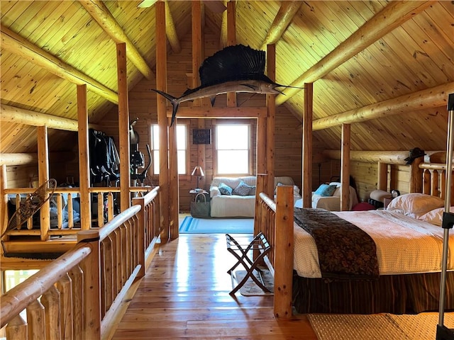 bedroom featuring wooden ceiling, lofted ceiling with beams, light hardwood / wood-style floors, and wooden walls