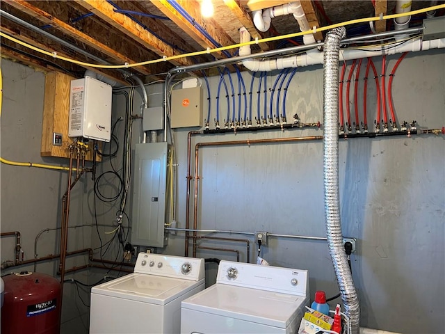 laundry room with electric panel and washer and clothes dryer