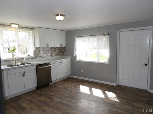 kitchen featuring a sink, stainless steel dishwasher, tasteful backsplash, and dark wood-type flooring