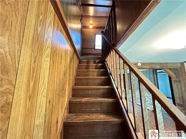 stairway with wooden walls