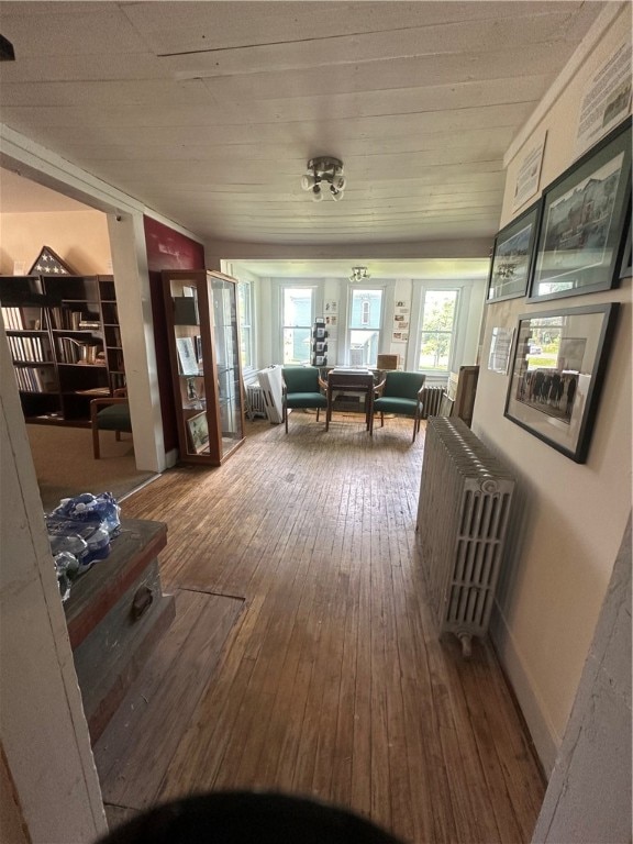 hallway featuring a healthy amount of sunlight, wood-type flooring, and radiator heating unit