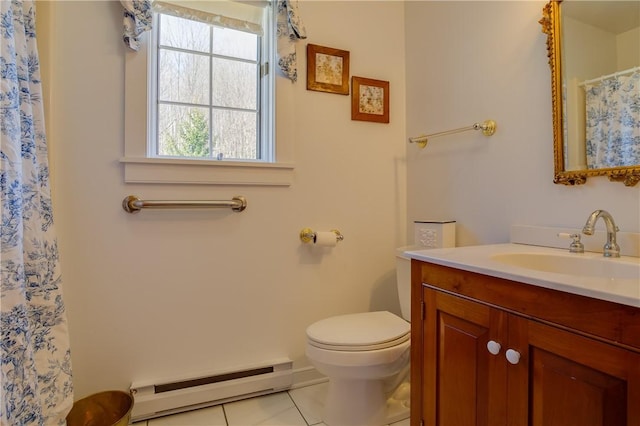 bathroom with curtained shower, vanity, baseboard heating, toilet, and tile patterned floors