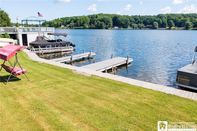 dock area with a water view and a lawn