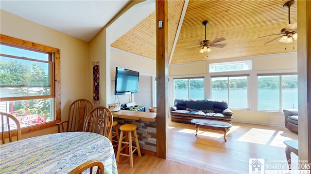 dining room with high vaulted ceiling, ceiling fan, hardwood / wood-style flooring, and a water view